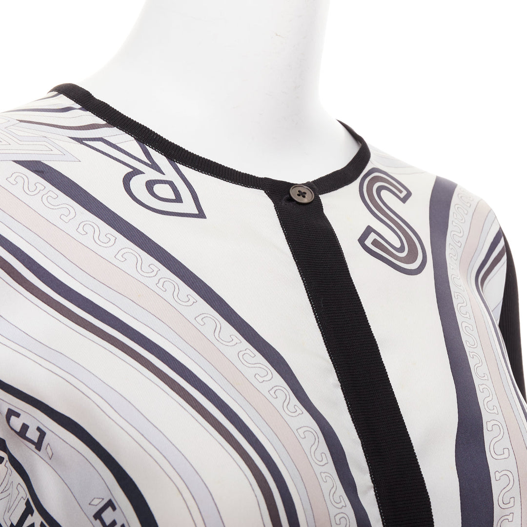 HERMES cream black 100% silk scarf panel cotton ribbed cardigan S