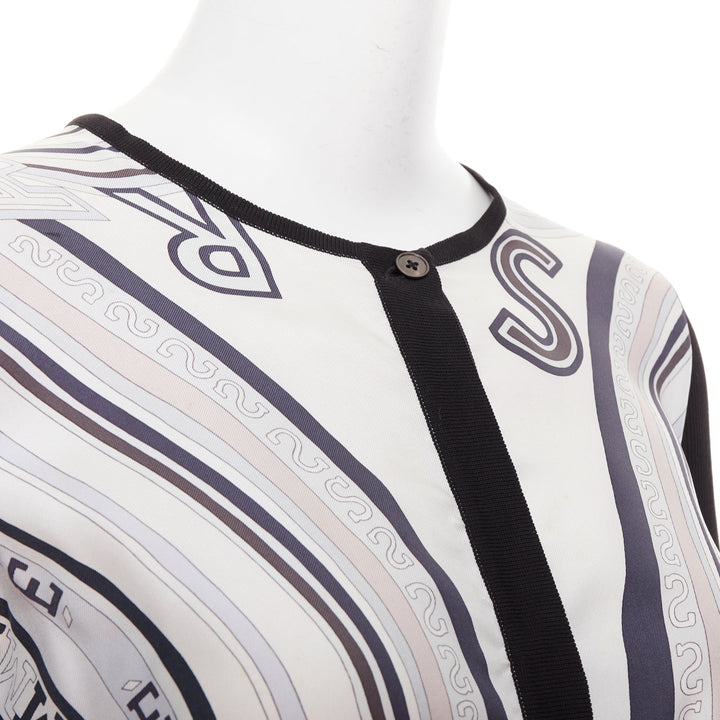 HERMES cream black 100% silk scarf panel cotton ribbed cardigan S