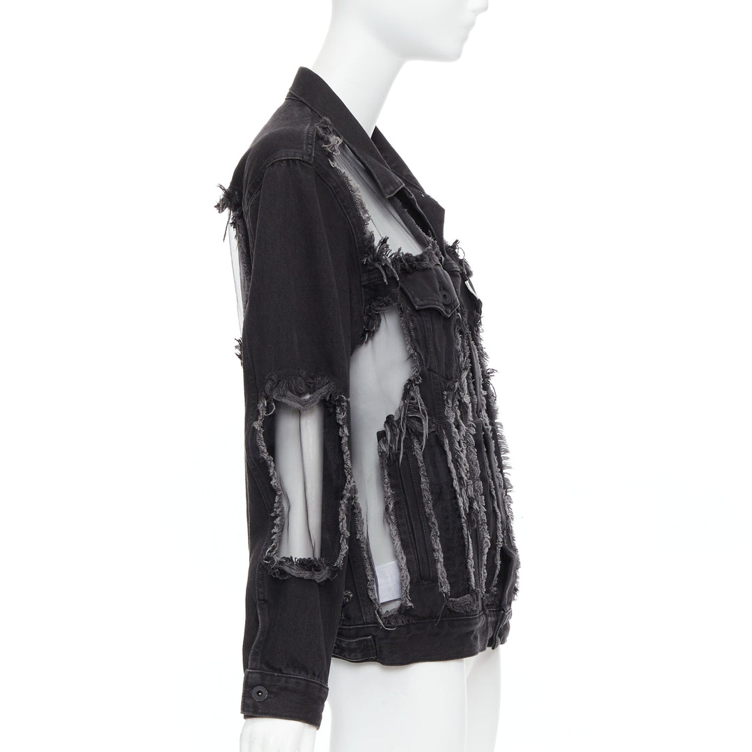 OFF WHITE black denim organza mesh panel frayed jacket XS