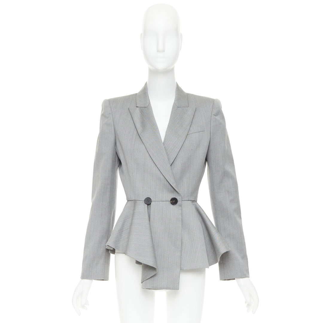 ALEXANDER MCQUEEN 2019 grey wool fuchsia pink lined peplum blazer jacket IT42 M