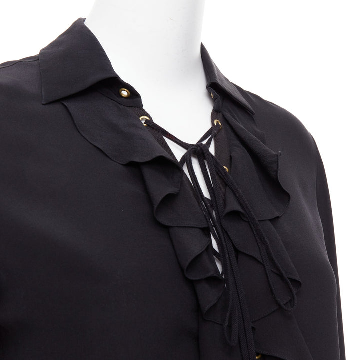 CHLOE 100% silk black ruffle trim lace up bohemian blouse shirt FR36 S