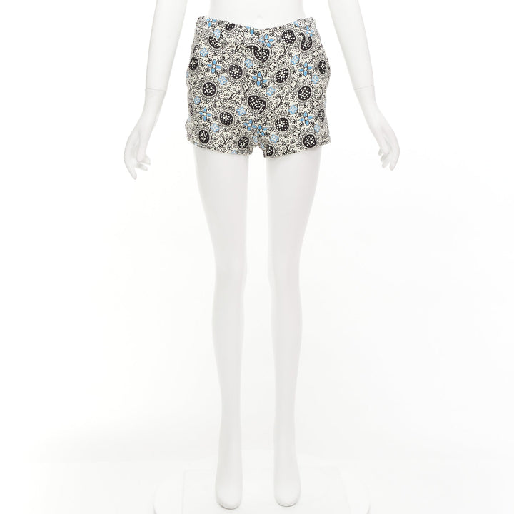 LOUIS VUITTON Majolica floral monogram print cream blue wool silk shorts FR34 XS