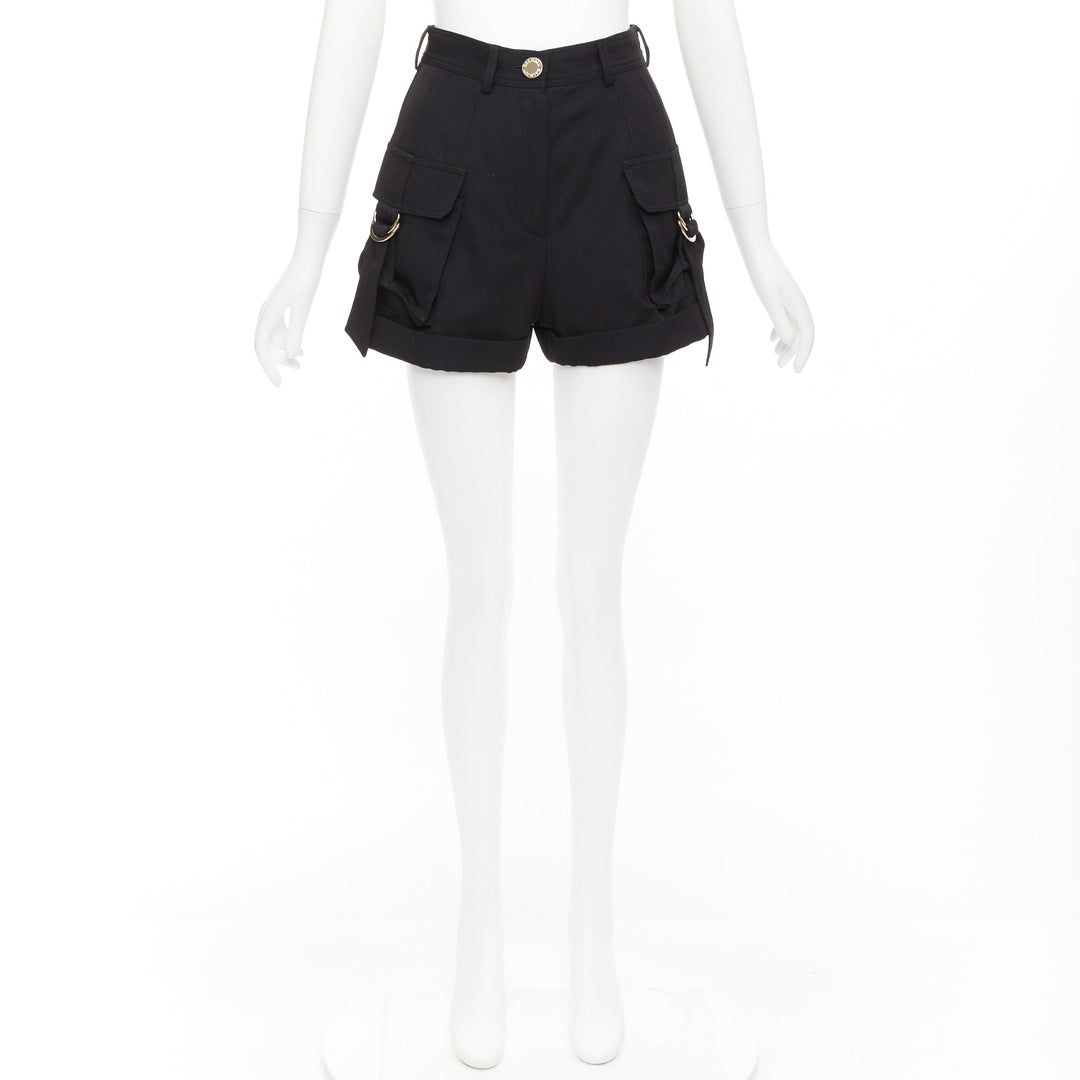 BALMAIN black wool gold logo button pocketed cargo shorts FR36 S