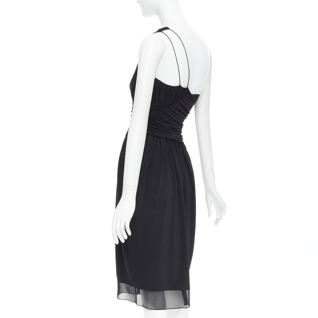 VERA WANG Vintage black one shoulder ruched waist silk lined dress US2 S