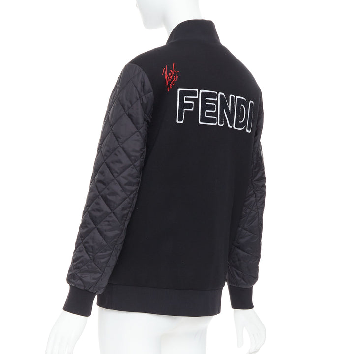 FENDI Karlito black modal blend fur trim quilted bomber jacket IT38 XS