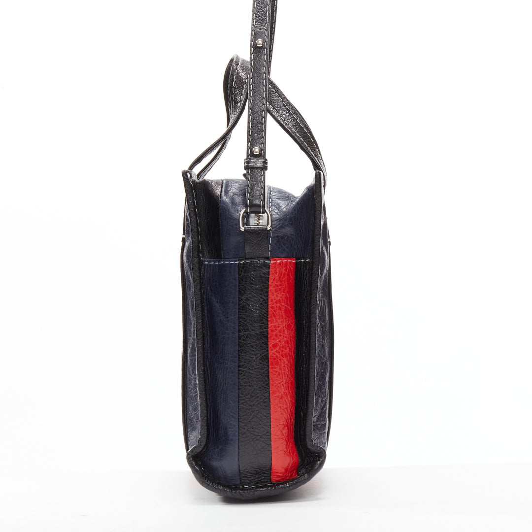 BALENCIAGA Bazar navy red striped leather top handle crossbody bag
