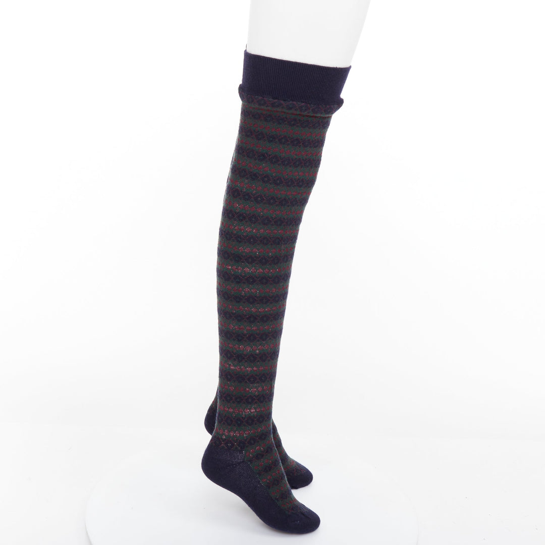 rare CHANEL logo charm navy green red striped cashmere silk thigh high socks M