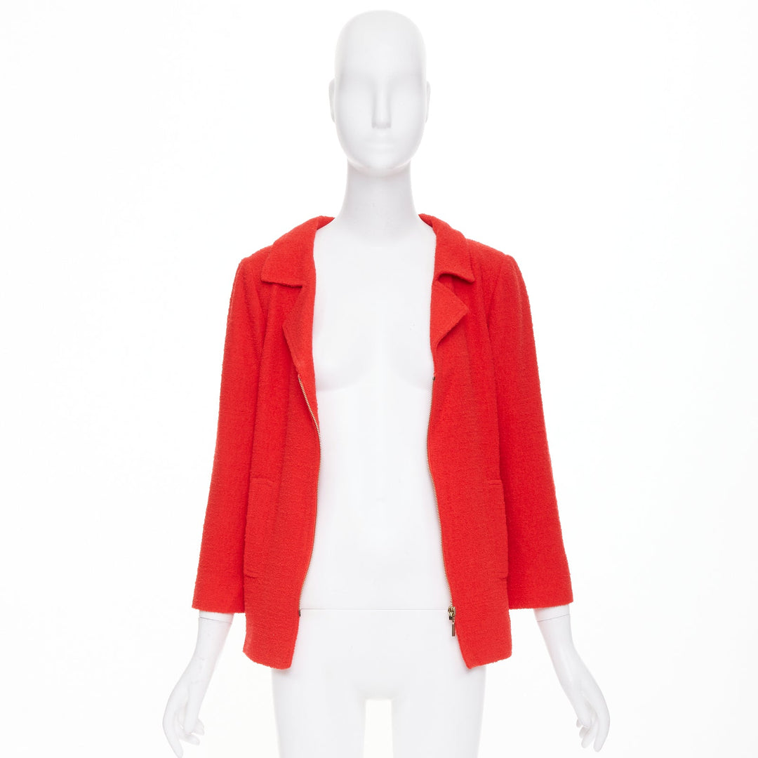 OSCAR DE LA RENTA 2008 red wool tweed gold zip open collar jacket US14 3XL