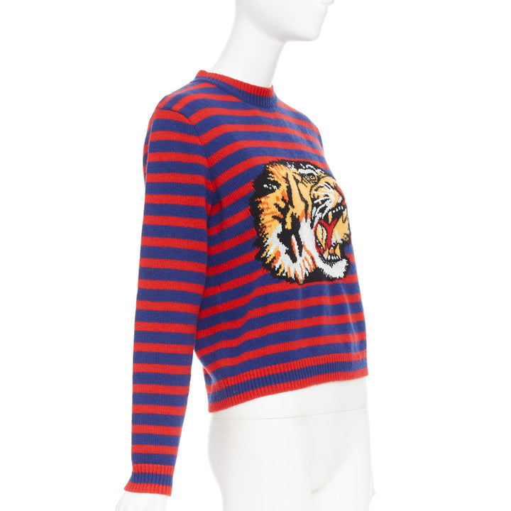 GUCCI 2017 Runway wool red blue stripe Tiger Head intarsia crew sweater XS