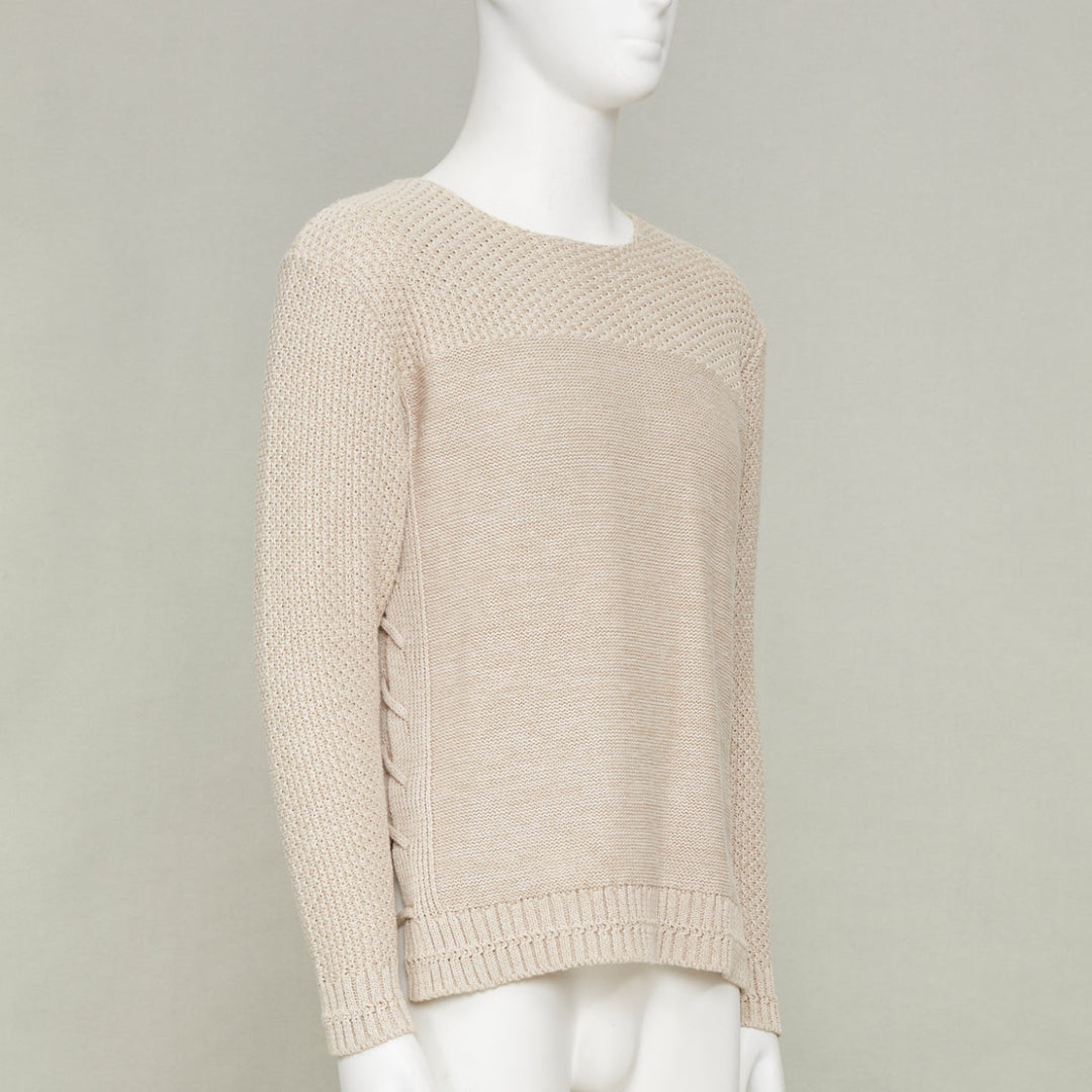 ISSEY MIYAKE beige oatt openwork yoke panels textured cotton sweater JP1 S