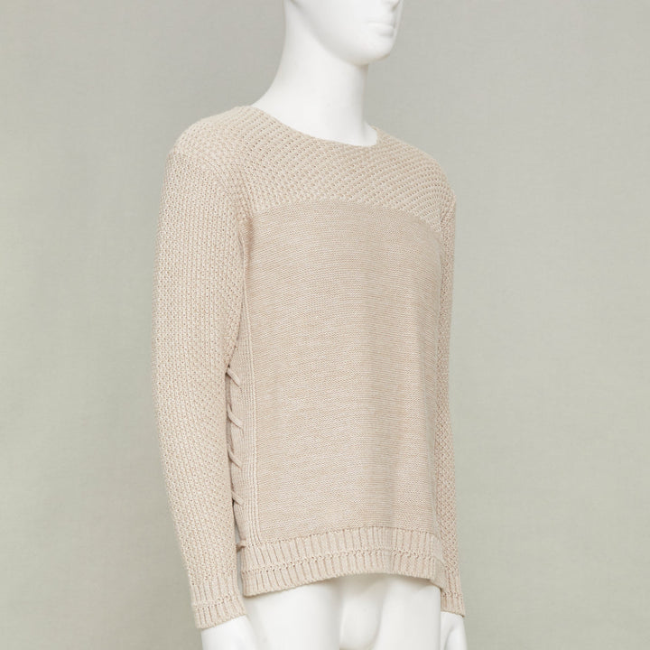 ISSEY MIYAKE beige oatt openwork yoke panels textured cotton sweater JP1 S