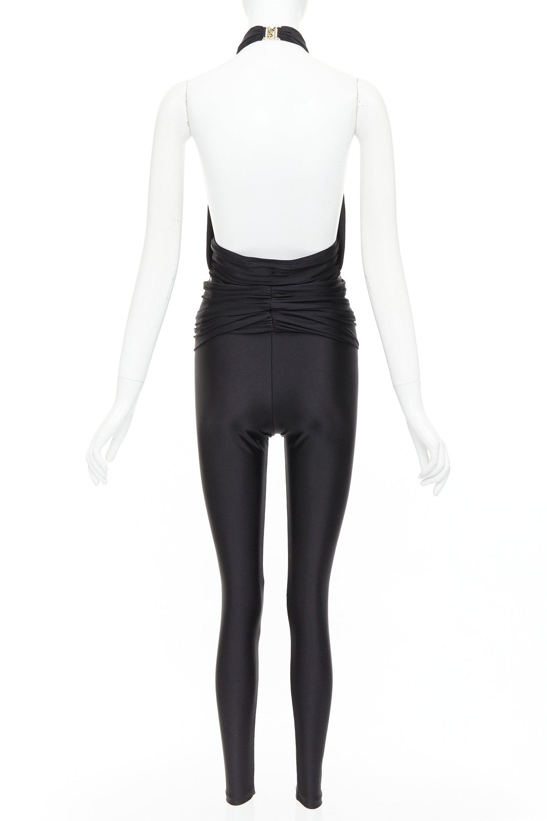 SAINT LAURENT 2022 Runway black gold metal brooch halter cutout jumpsuit Sz.1 XS