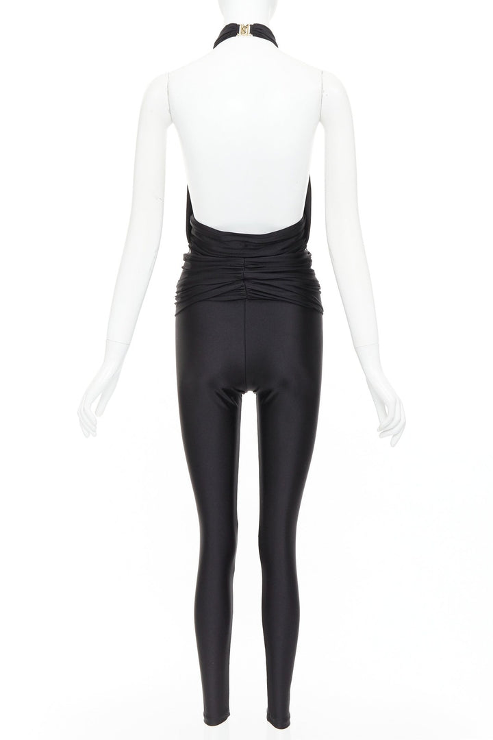 SAINT LAURENT 2022 Runway black gold metal brooch halter cutout jumpsuit Sz.1 XS