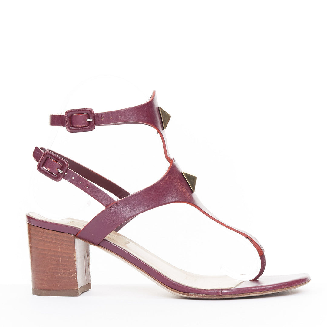VALENTINO Rockstud dark red leather tstrap Roman Stud block heel sandals EU37.5