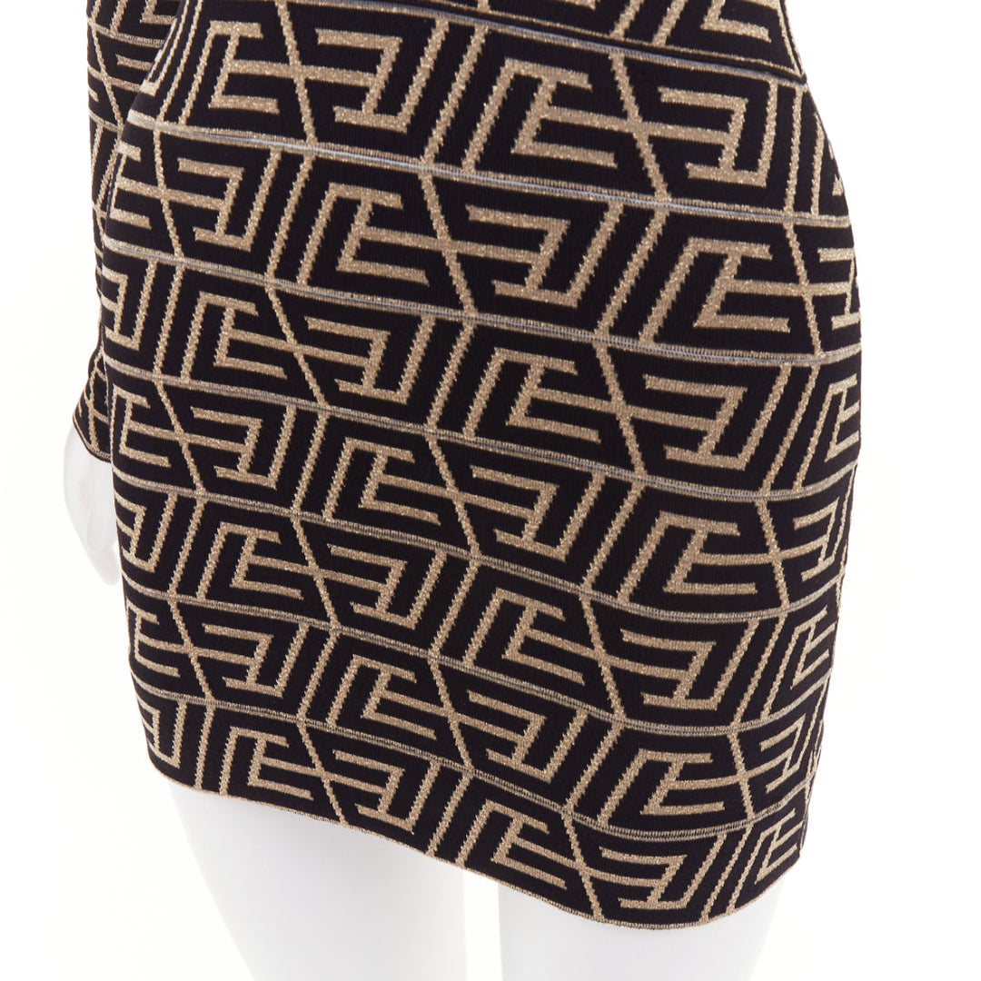 BALMAIN Monogram Knit Dress gold black geometric metallic brocade jersey dress