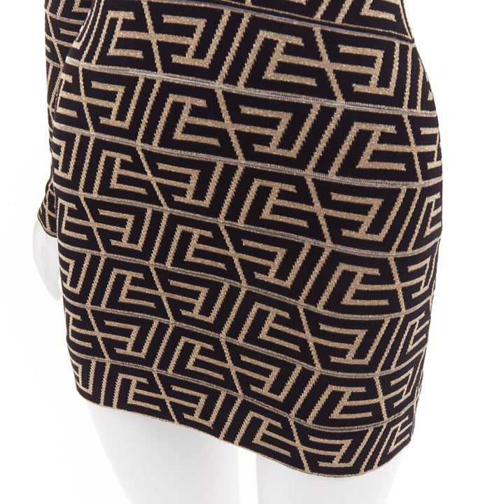 BALMAIN Monogram Knit Dress gold black geometric metallic brocade jersey dress
