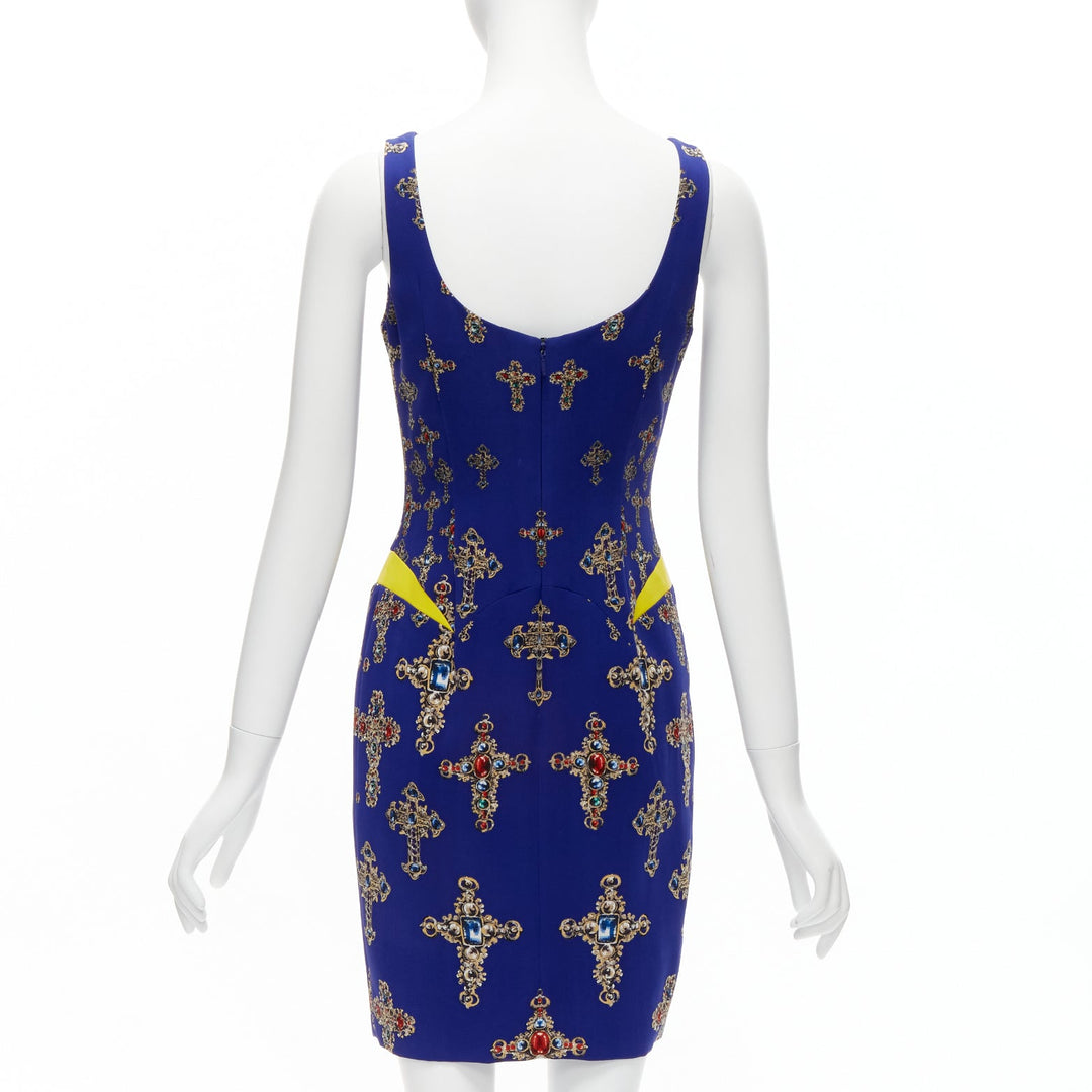 VERSACE 2012 royal blue Byzantine Cross print yellow leather waist shift dress