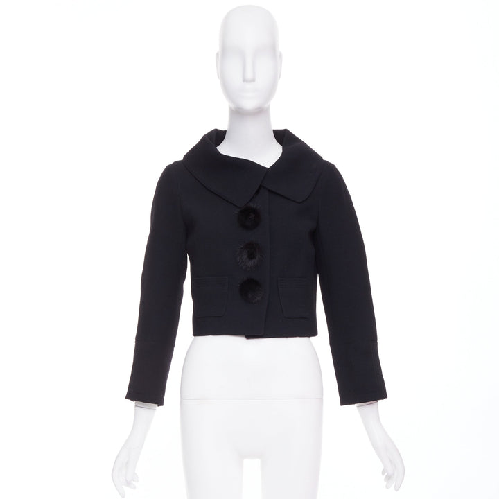 LOUIS VUITTON 2007 black wool crepe Mink fur button cropped jacket FR38 M