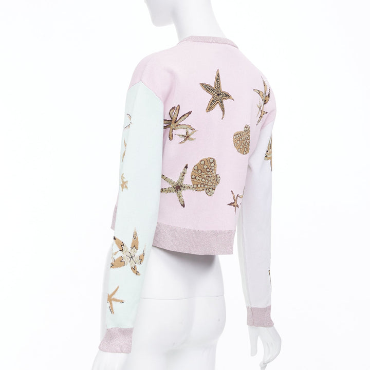 VERSACE 2021 Tresor de la Mer pink crystal starfish lurex crop sweater IT38 XS