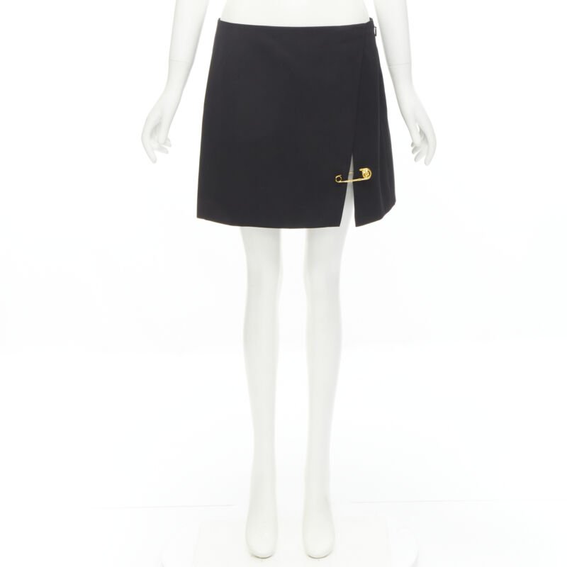 VERSACE black wool gold Medusa safety pin high slit mini skirt IT42 M