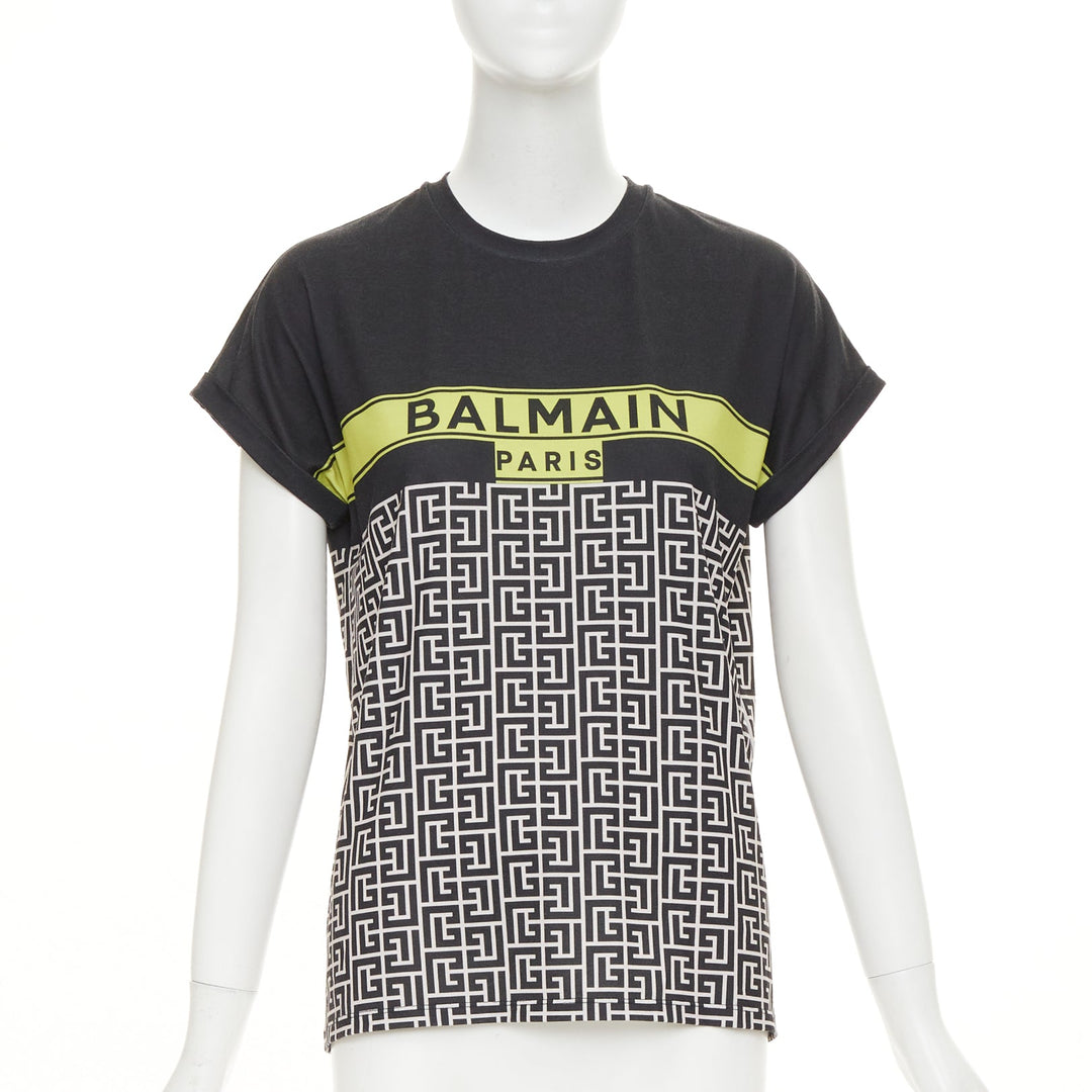 BALMAIN black yellow logo graphic printed rolled sleeves tshirt XS