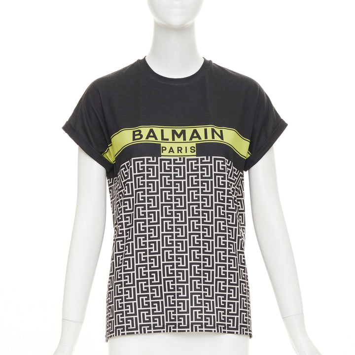 BALMAIN black yellow logo graphic printed rolled sleeves tshirt XS