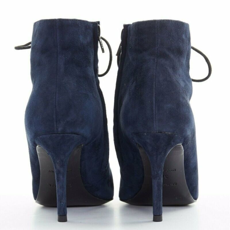 Female mannequin wearing Balenciaga by Demna Blue Suede Women Boots in Size EU37 | Available at JHROP