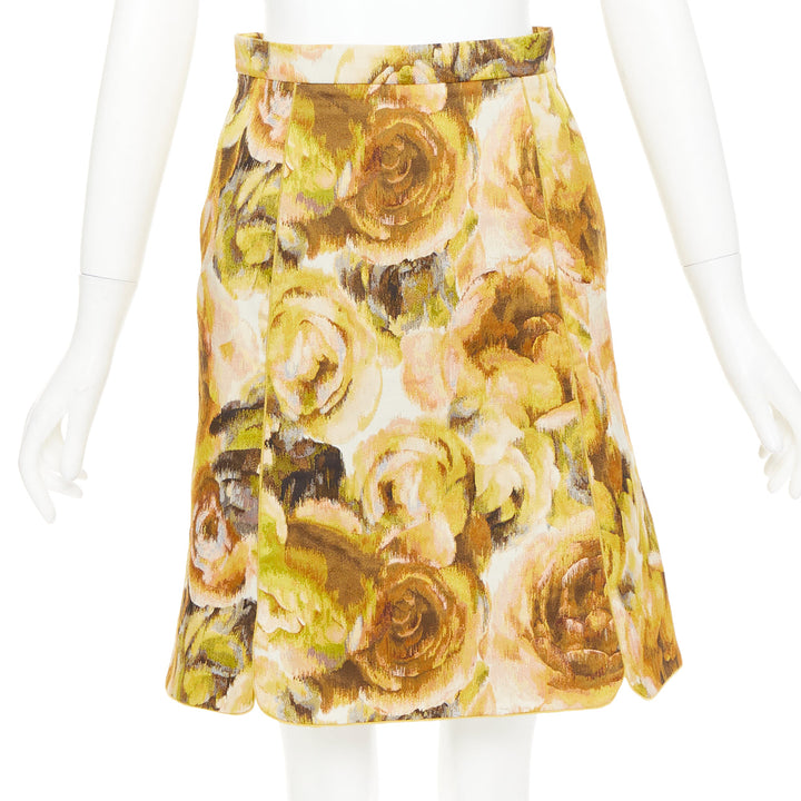 GIAMBATTISTA VALLI gold yellow floral jacquard high waist skirt IT40 XS