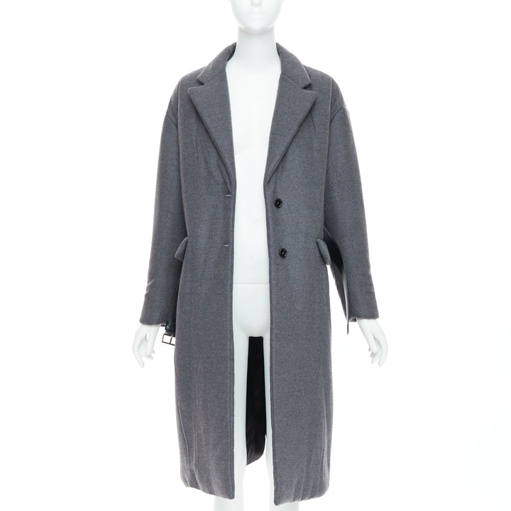 PRADA 2022 grey cashmere wool leather logo belt padded coat IT40 S