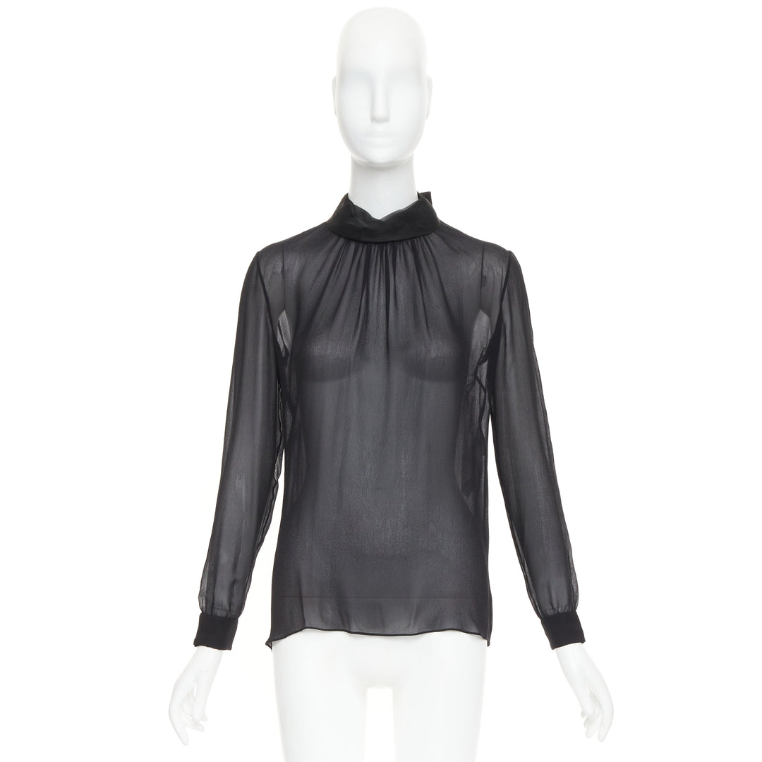 VALENTINO black silk georgette sheer draped high collar ruched blouse top UK6 XS
