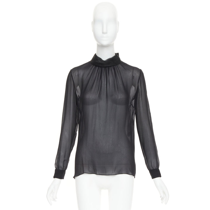 VALENTINO black silk georgette sheer draped high collar ruched blouse top UK6 XS