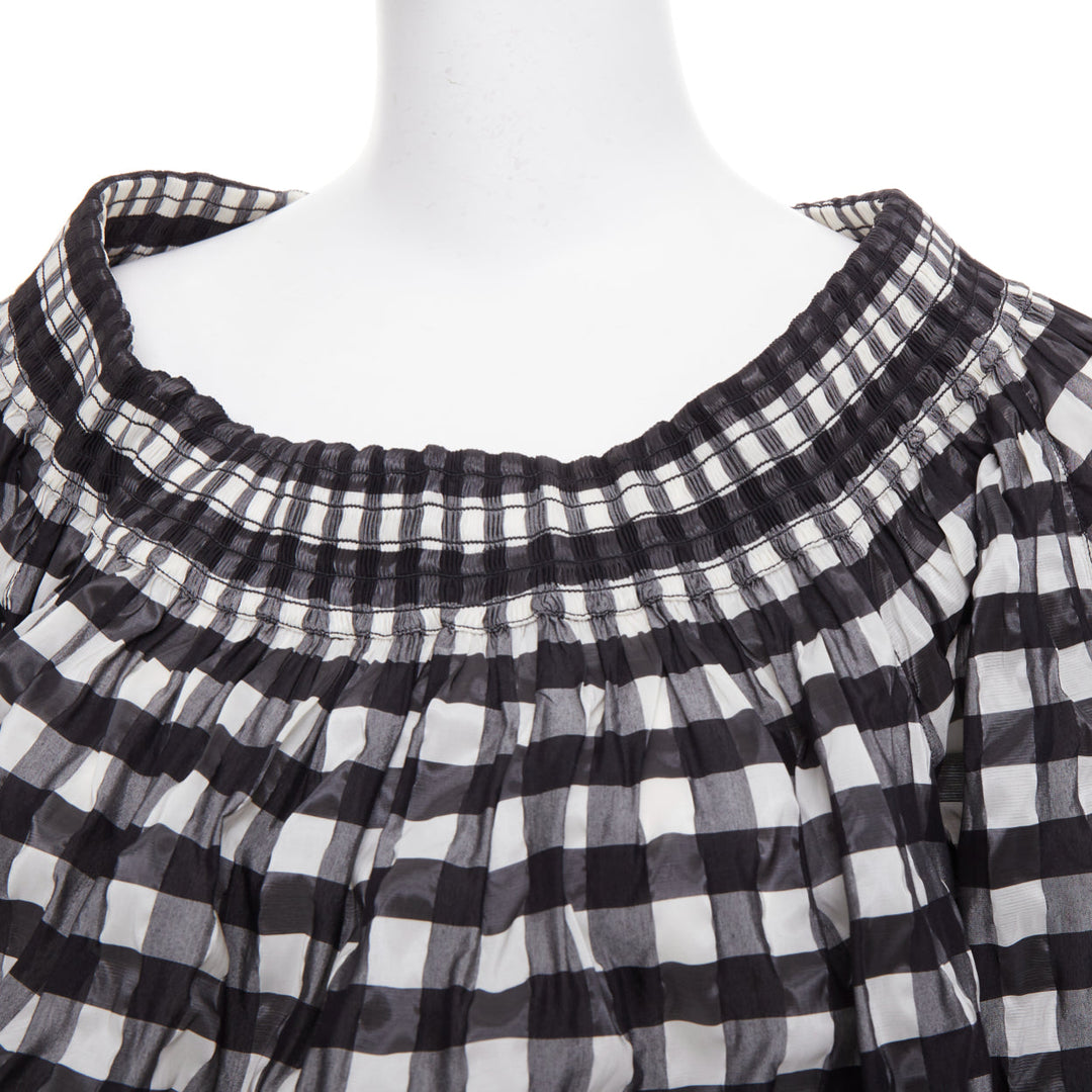 ALAIA black white checked gingham smocked neck asymmetric loose top FR36 S