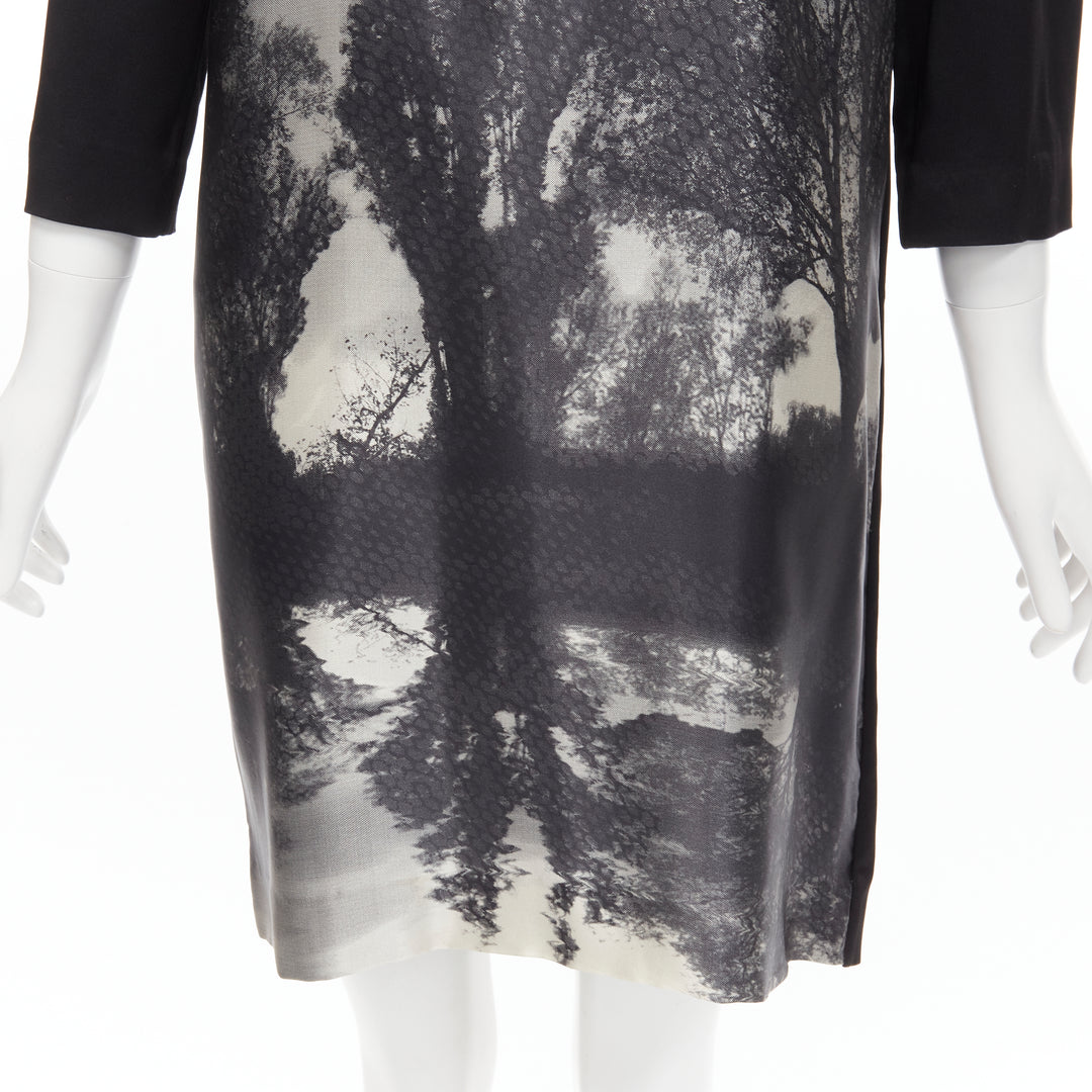 STELLA MCCARTNEY 100% silk black grey tree photo print crew neck dress