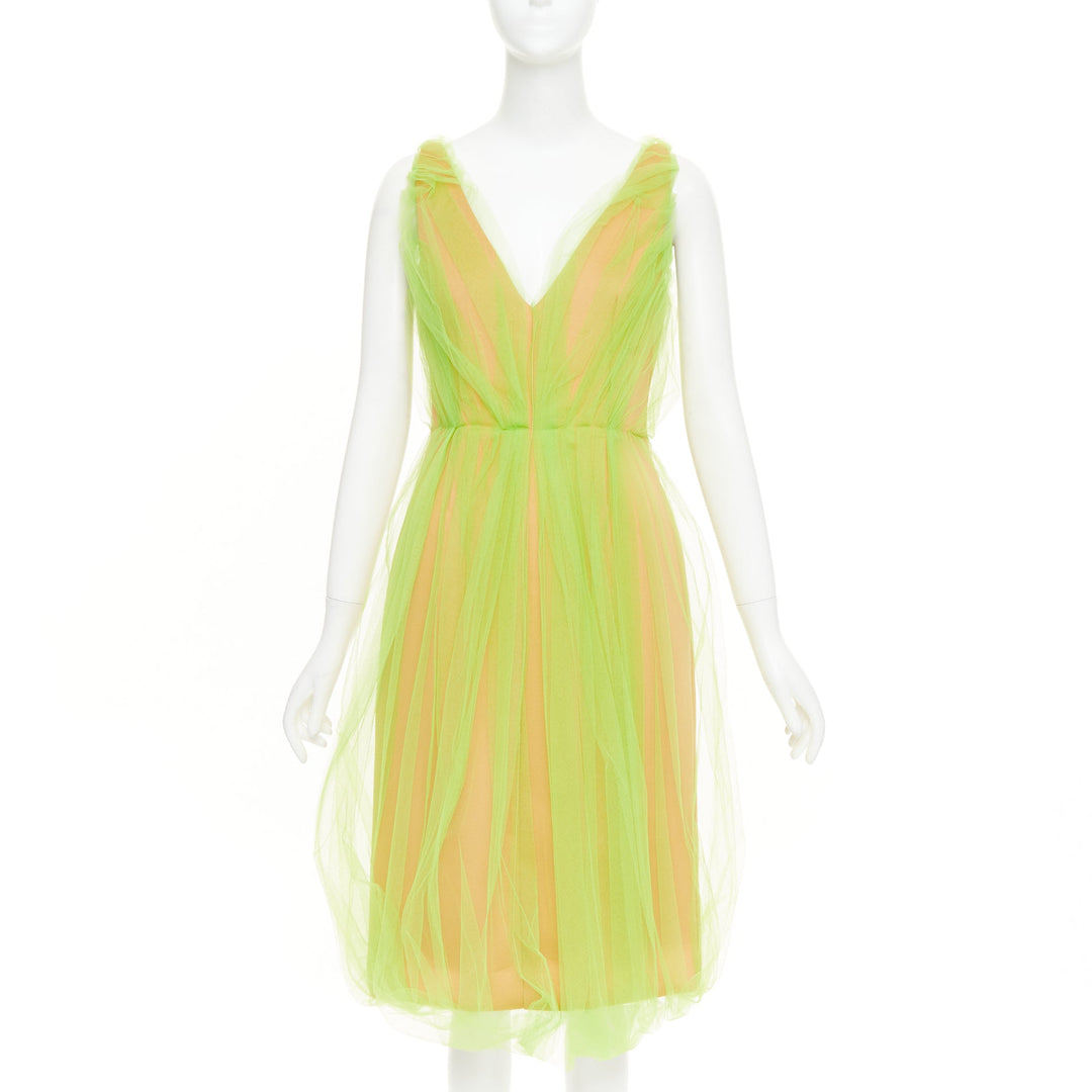 PRADA 2018 Runway neon green Technical Tulle Overlay V-Neck Bubble Dress IT42 M