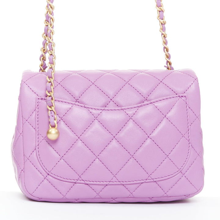 CHANEL Pearl Crush Mini Square Flap purple lambskin age gold globe crossbody bag