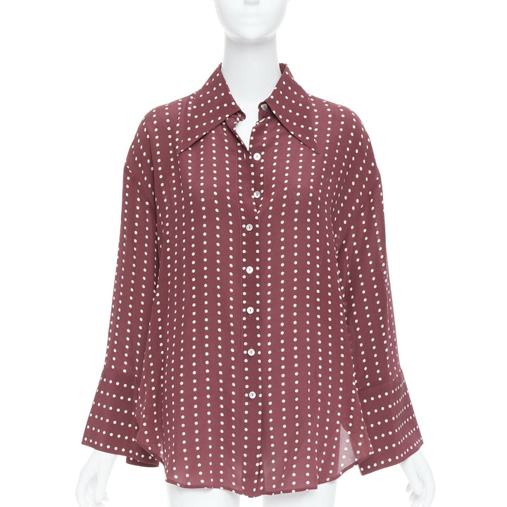 ANTONIO MARRAS 100% silk burgundy polka dot curved hem shirt M