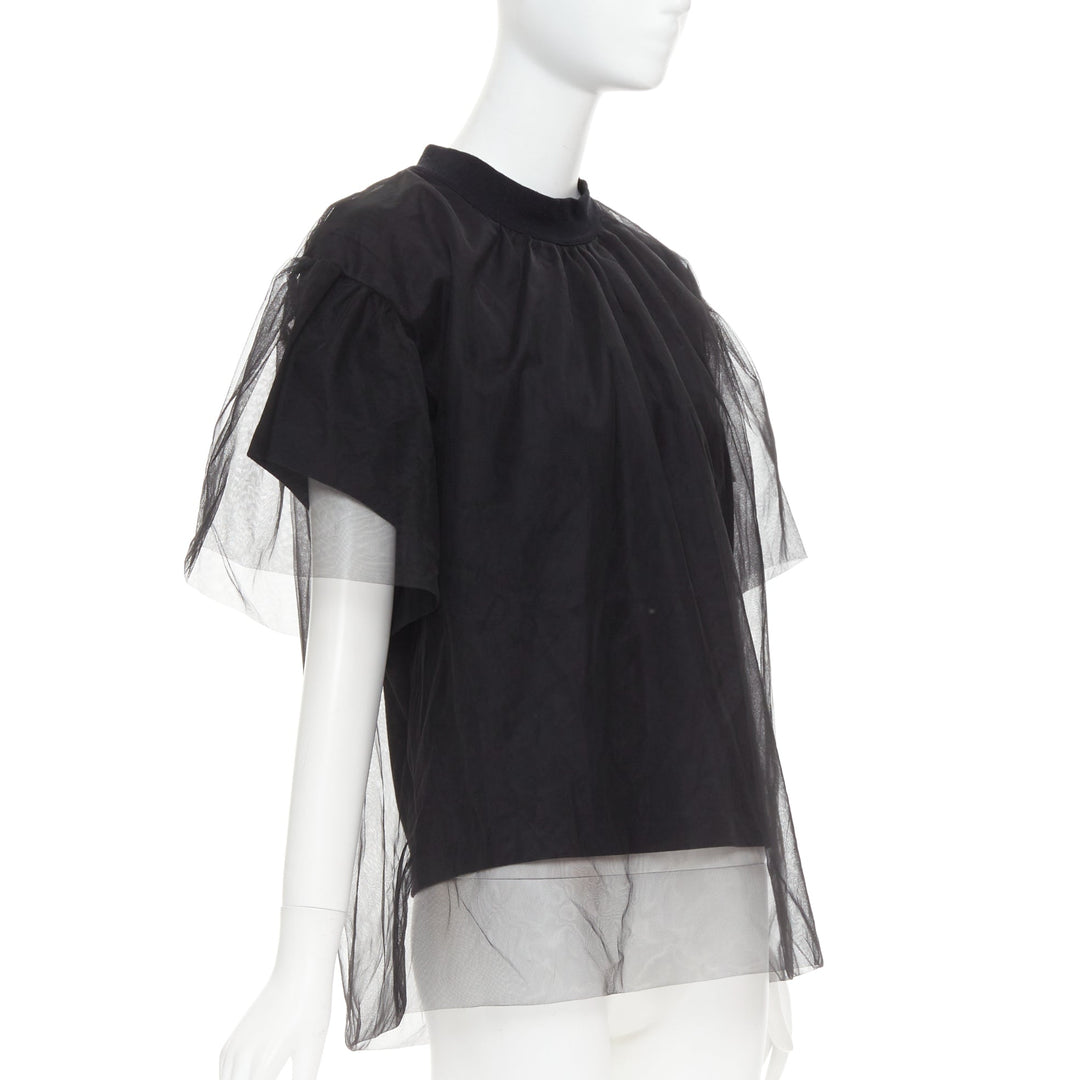 SHUSHU TONG Tulle T-shirt black mesh layered crew neck top UK6 XS