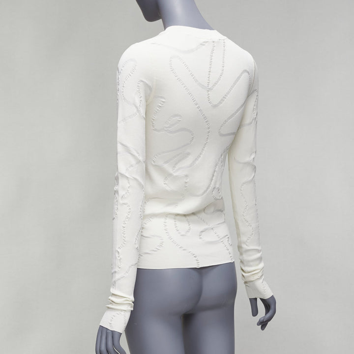 HELMUT LANG cream wiggly line motive jacquard long sleeve sweater S