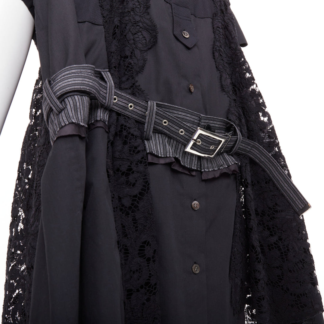 SACAI 2017 black lace trim panelled belt flared lined shirt dress JP1 S