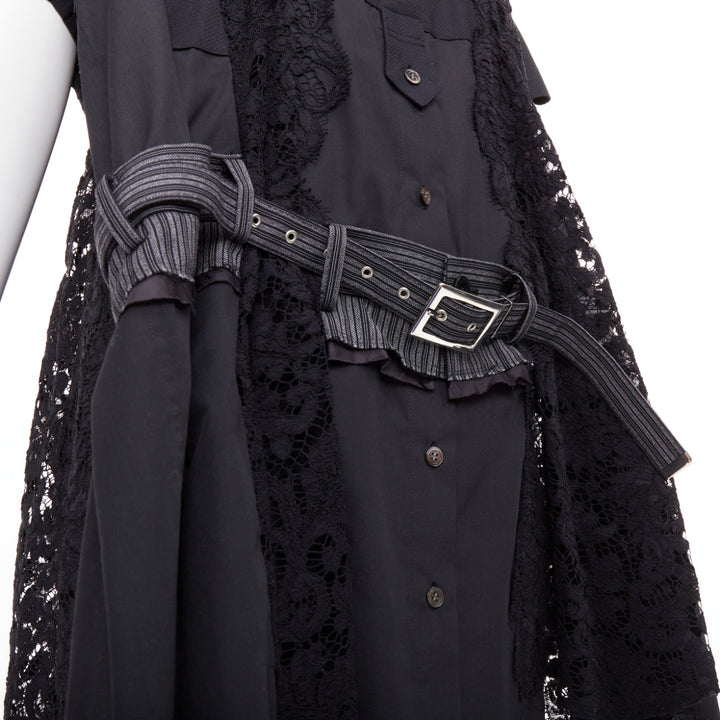SACAI 2017 black lace trim panelled belt flared lined shirt dress JP1 S