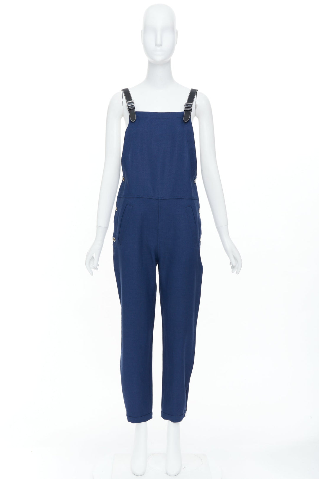 BURBERRY 2020 blue virgin wool ramie leather strap overalls dungaree UK6 XS