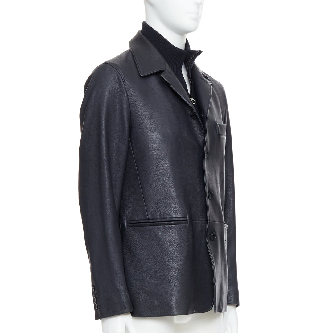 Male mannequin wearing Loro Piana Black Leather Men Leather Jacket in Size  S | Available at JHROP