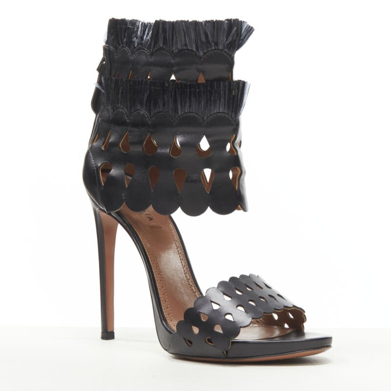 ALAIA black squiggle cut out raffia fringe platform high heel sandals EU38