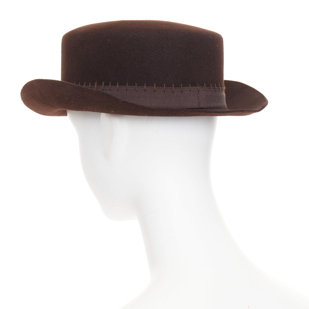 CHANEL 2014 Runway Paris-Dallas brown rabbit hair felt CC topstitch hat M