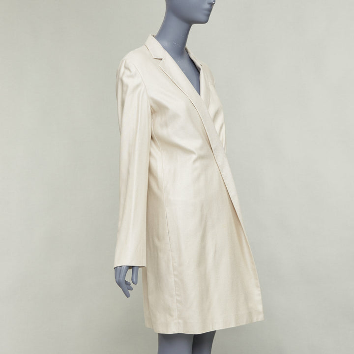 JIL SANDER cream silk blend minimal asymmetric wrap front long coat FR38 M