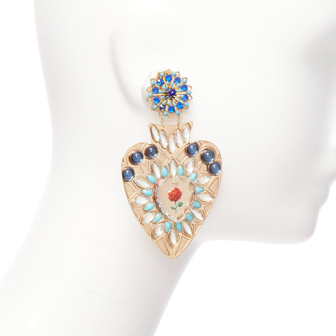 MERCEDES SALAZAR blue red heart resin crystal rose dangling clip on earrings