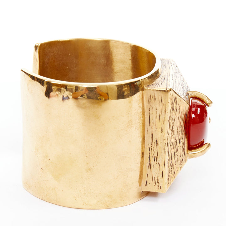 SAINT LAURENT 2022 Runway S Rouge Dore Carnelian Stone gold brass cuff bracelet