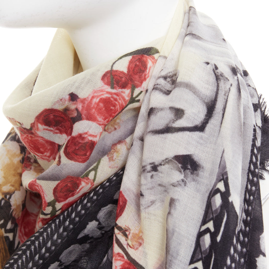 GIVENCHY Riccardo Tisci black red cream wool rose print fringed trim scarf