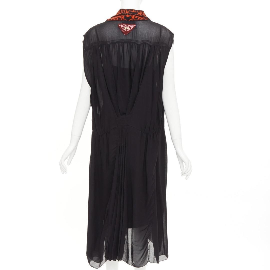 PRADA 2021 Runway black voile red sable jacquard knit neck midi dress IT38 XS