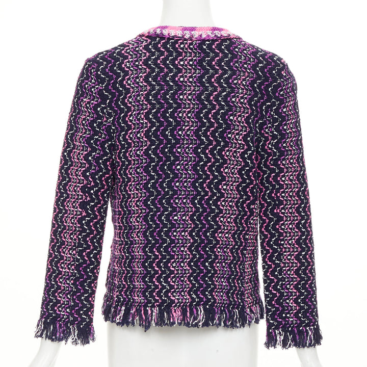 CHANEL 2021 P70494 fringe trim tie front tweed chevron cardigan jacket FR34 XXS